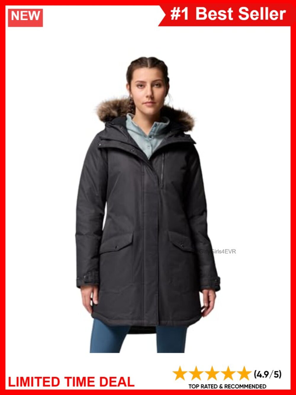 Long Insulated Synthetic Down Jacket with Faux-Fur Trim Hood